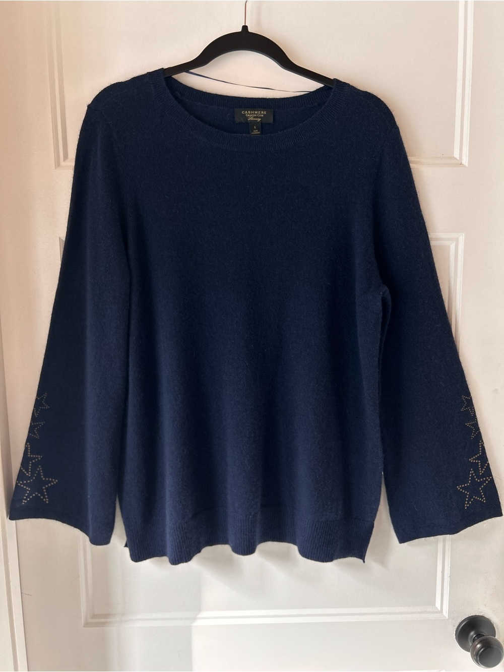Charter Club Luxury 100% Cashmere Sweater L Navy Gold Studded Star Bell Sleeves